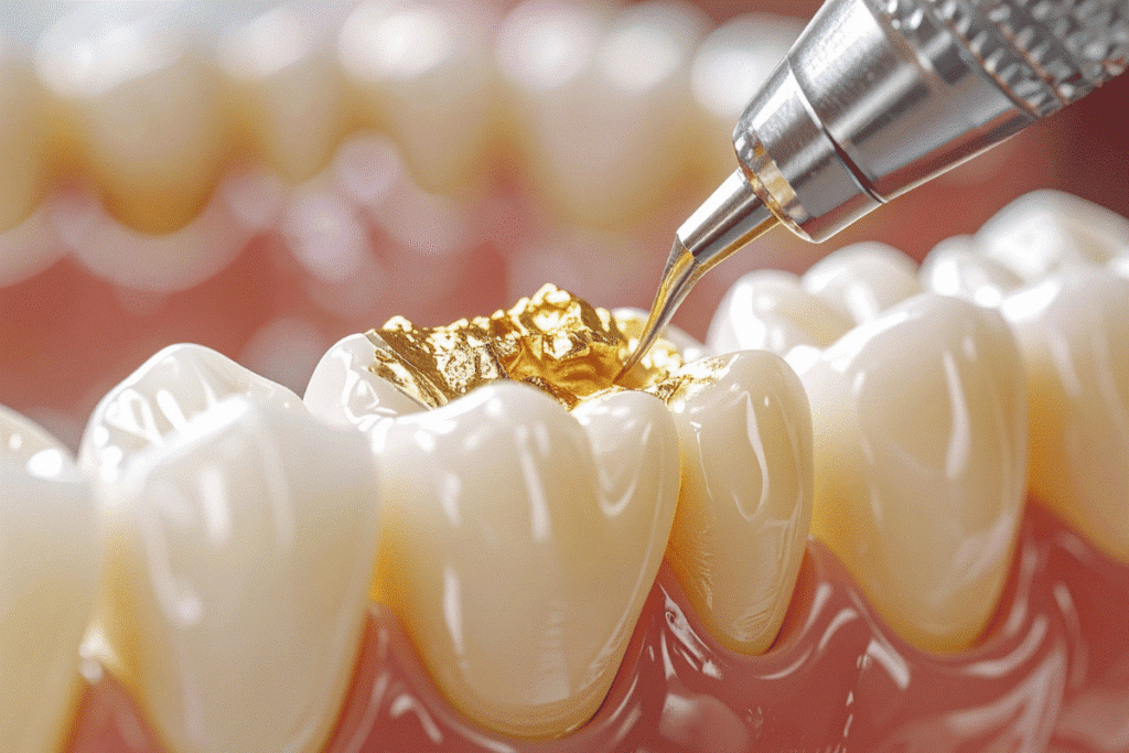 Dentist comparing different types of dental fillings including composite, amalgam, ceramic, gold, and glass ionomer