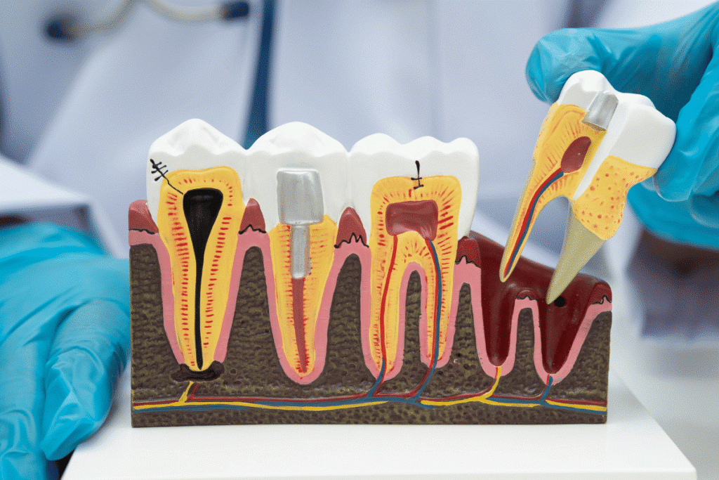 Dentist explaining post root canal care and dental crown treatment at Al Bahri Dental Abu Dhabi