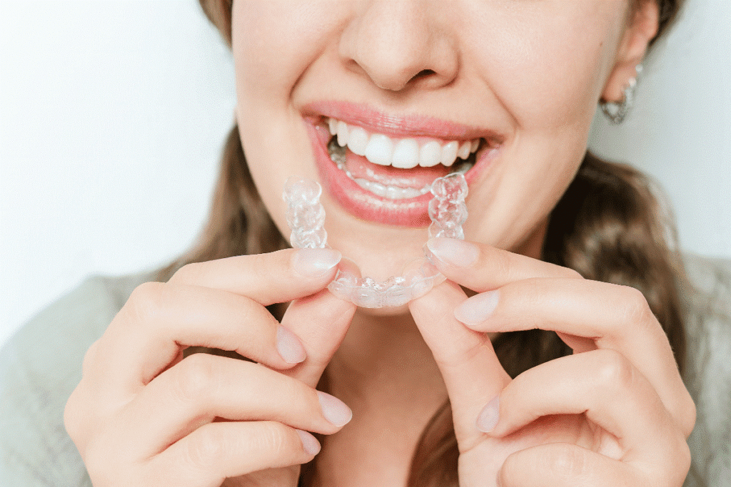 Patient wearing clear dental retainer after orthodontic treatment at Al Bahri Dental