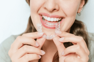 Patient wearing clear dental retainer after orthodontic treatment at Al Bahri Dental